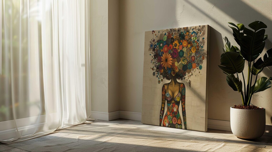 Woman Flower Afro Colorful Floral Mosaic Dress Celebration Wall Art