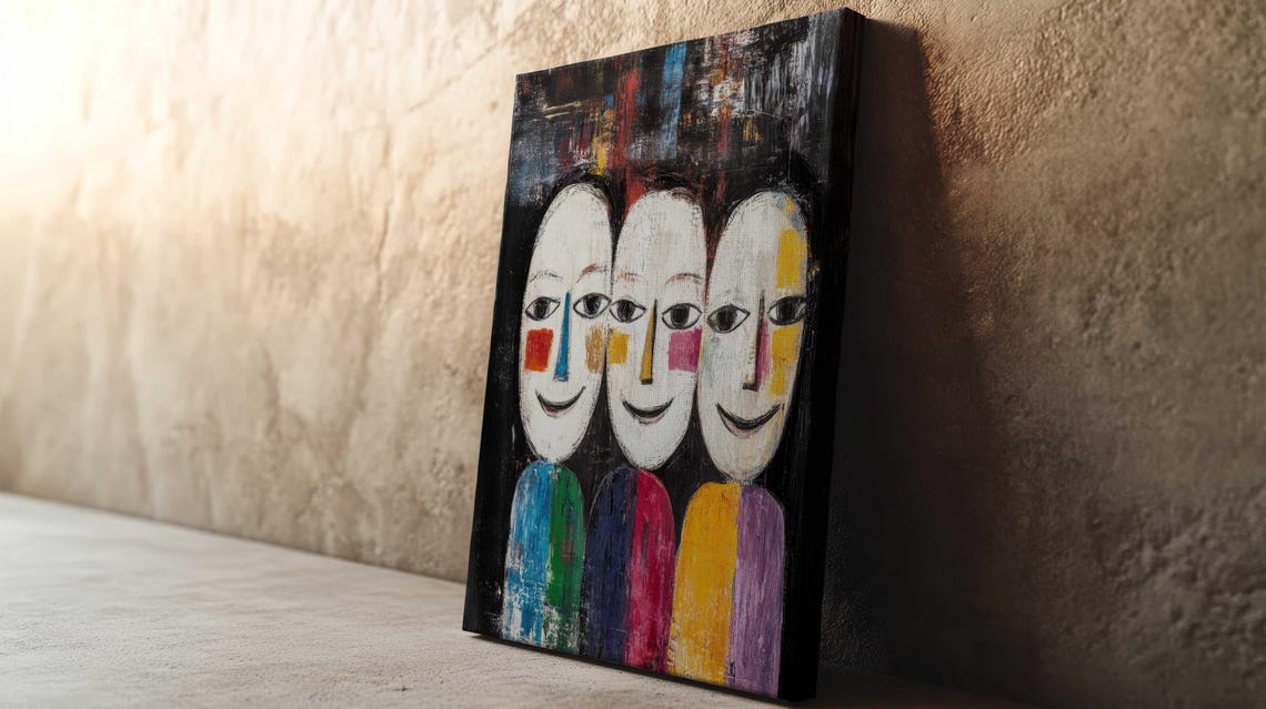Three Happy Faces Naive Expressionist Mask Art Colorful Wall Poster