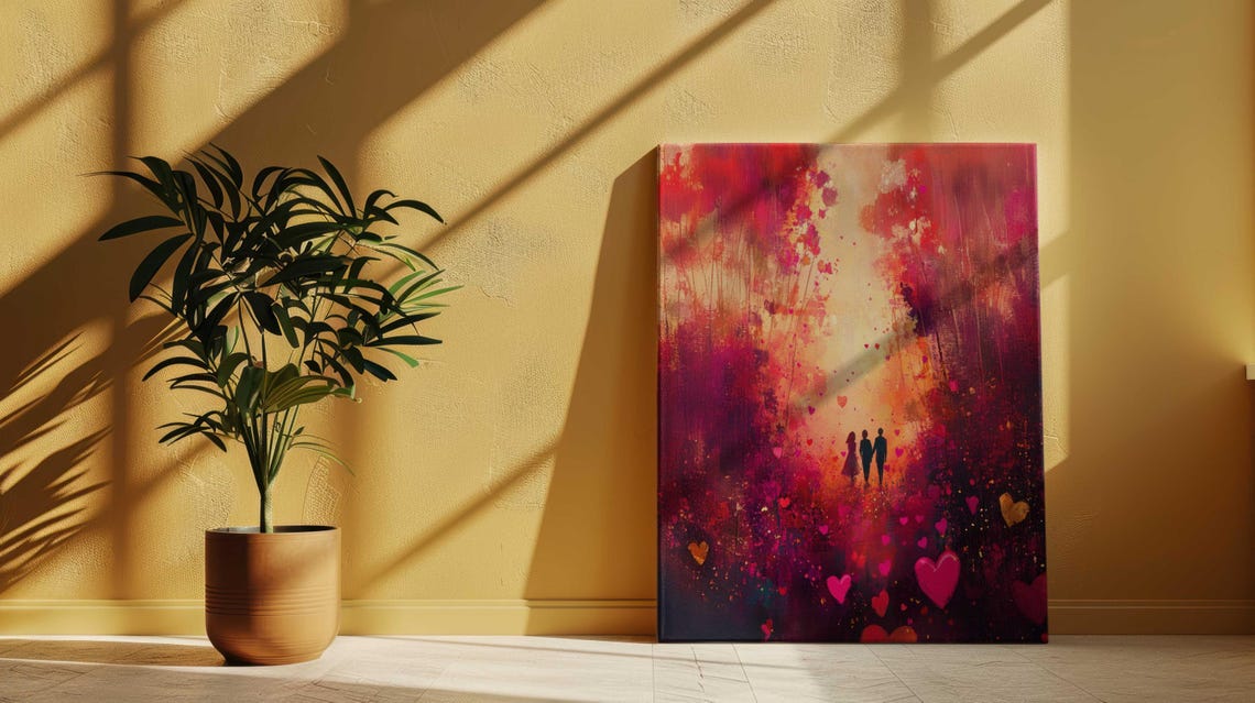Couple Walking Through Glowing Heart Forest Romantic Wall Poster - Image 2