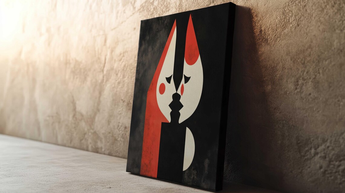 Minimalist Kissing Couple Abstract Heart Faces Black Red Art Poster - Image 2