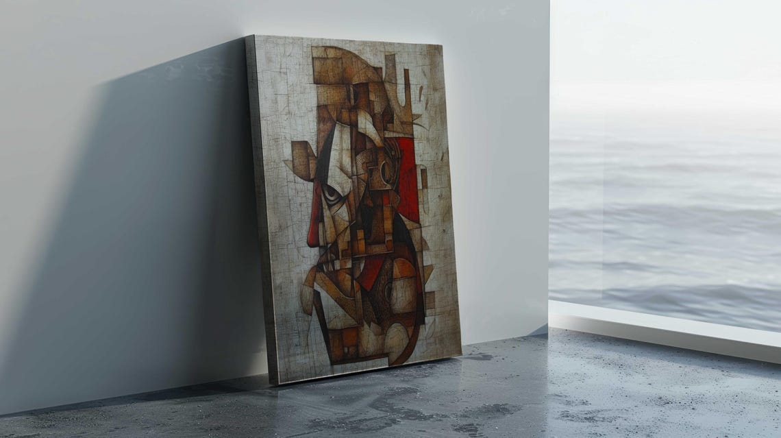 Cubist Abstract Face Portrait Earthy Brown Red Modern Art Poster - Image 3