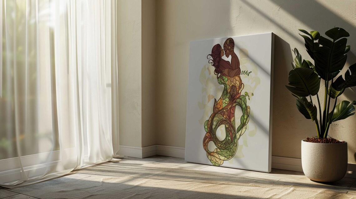 Romantic Couple Embrace Stained Glass Style Floral Gown Art Poster - Image 2