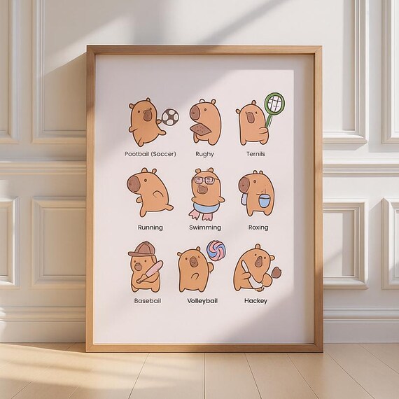 Funny Capybara Playing Sports Cute Animal Poster for Kids Room