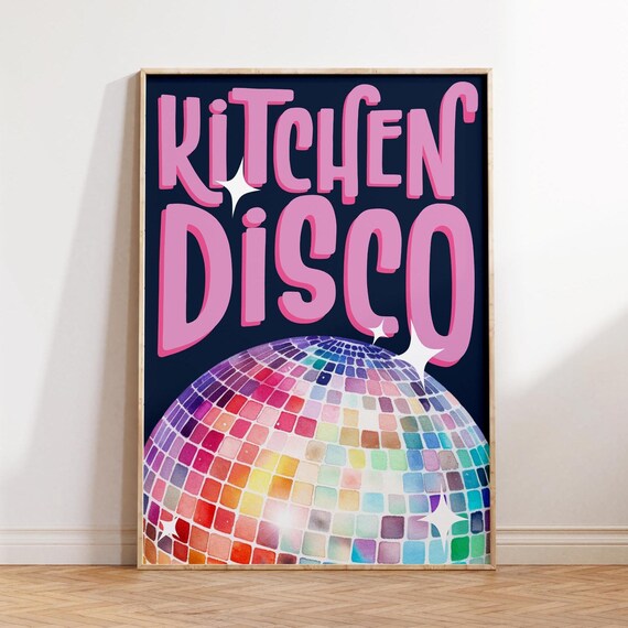 Kitchen Disco Pink Text Navy Background Retro Dance Quote Poster