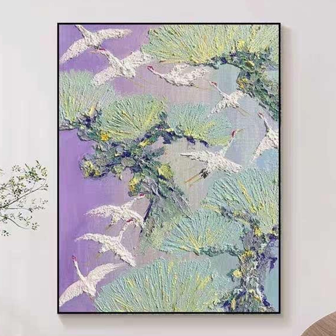 White Cranes Flying Over Pine Trees on Purple Sky Art Poster