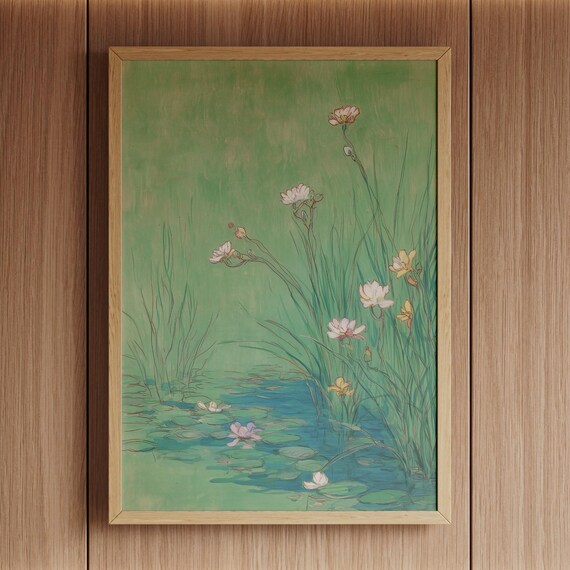 Water Lily Pond Print Botanical Wall Art Tranquil Nature Scene