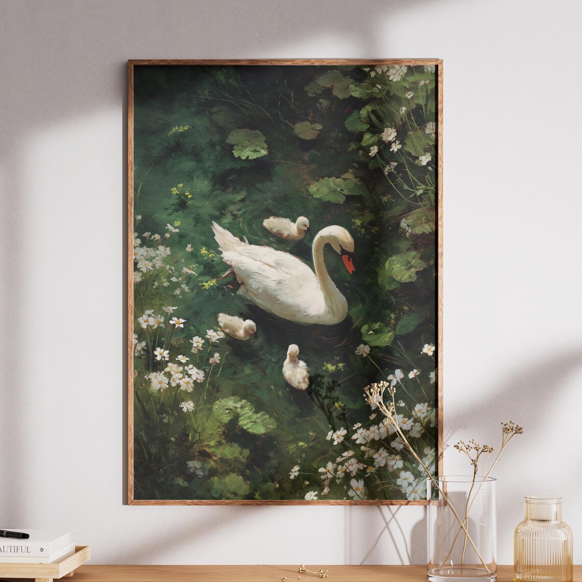 Swan and Cygnets Swimming Among Flowers Dark Moody Vintage Poster
