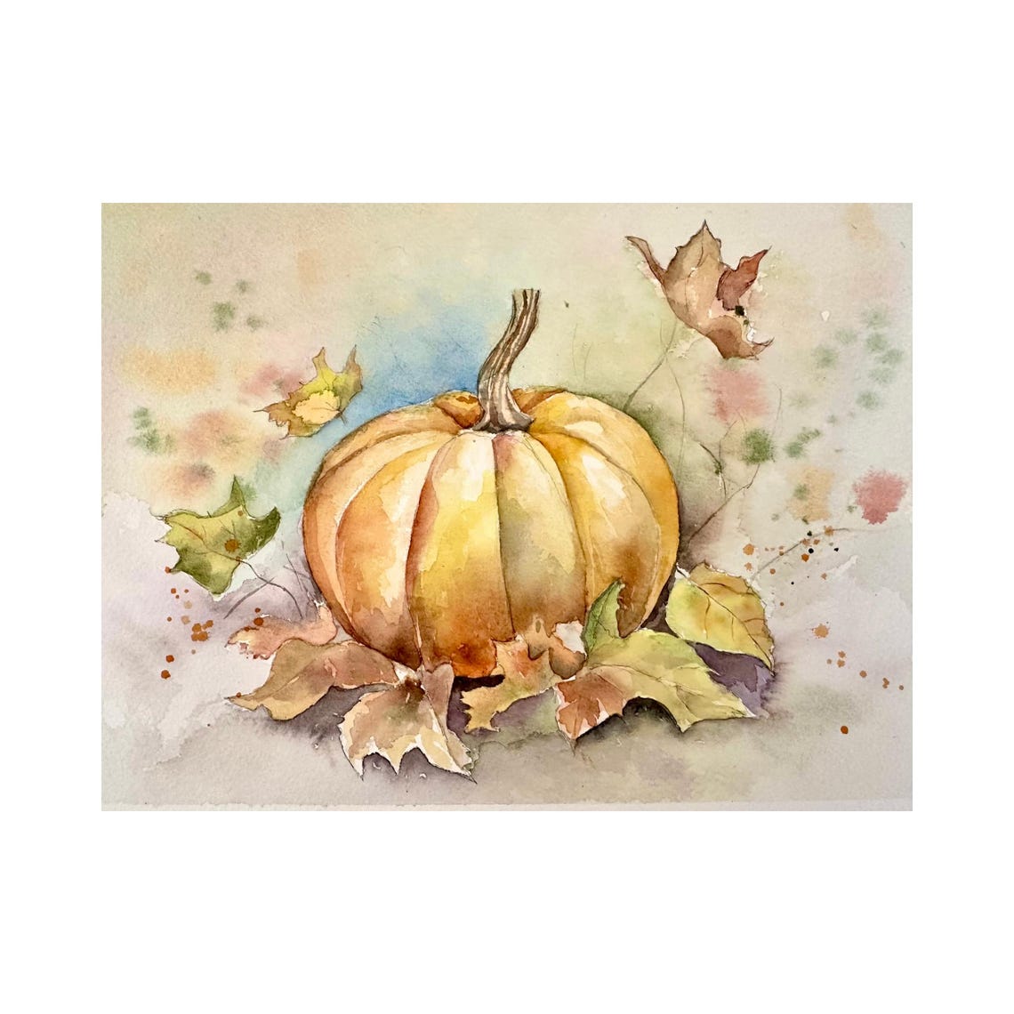 Golden Harvest Pumpkin with Falling Autumn Leaves Watercolor Poster - Image 4