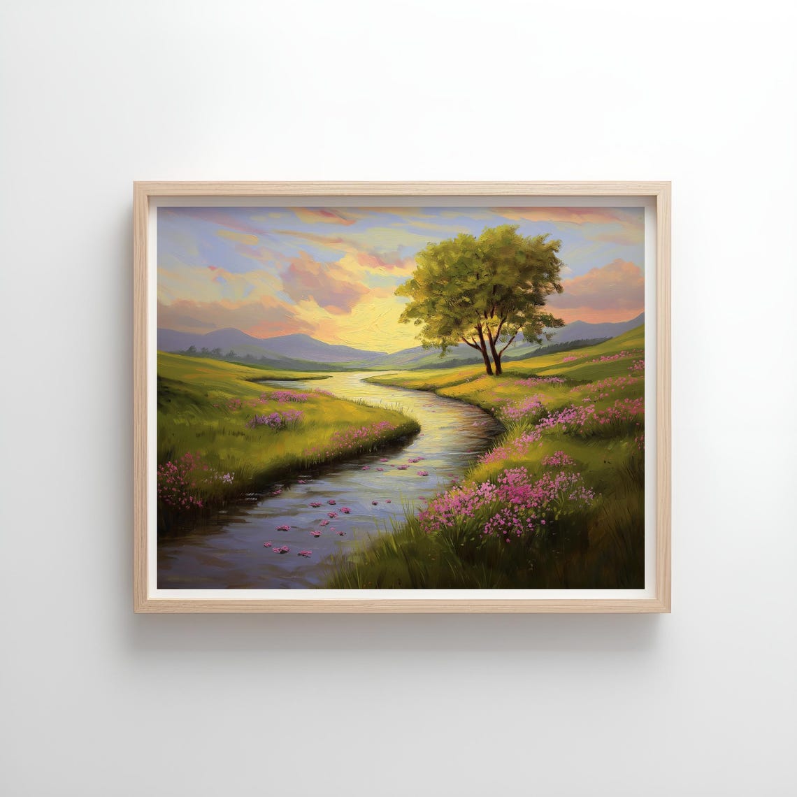 Golden Meadow Stream Pink Wildflowers Sunset Tree Serene Travel Poster - Image 4