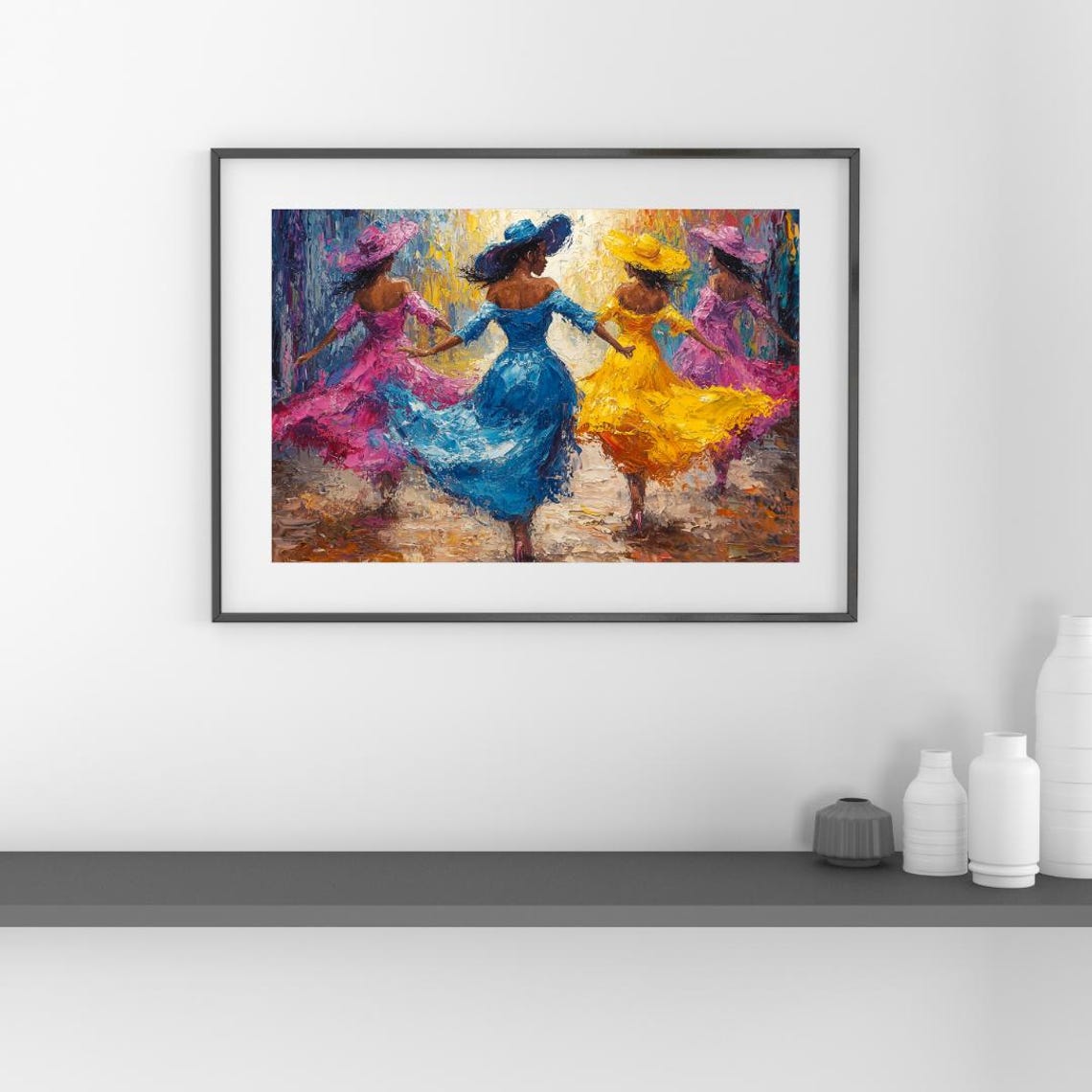 Elegant Women In Motion Vibrant Flowing Dresses Joyful Impressionist Dance Scene Wall Art - Image 3