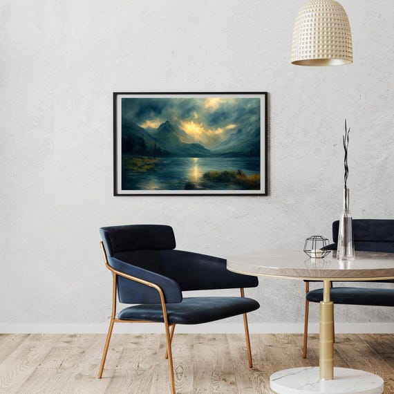 Mystic Mountain Lake Moody Sunset Landscape Wall Art Dark Nature Scenery Decor