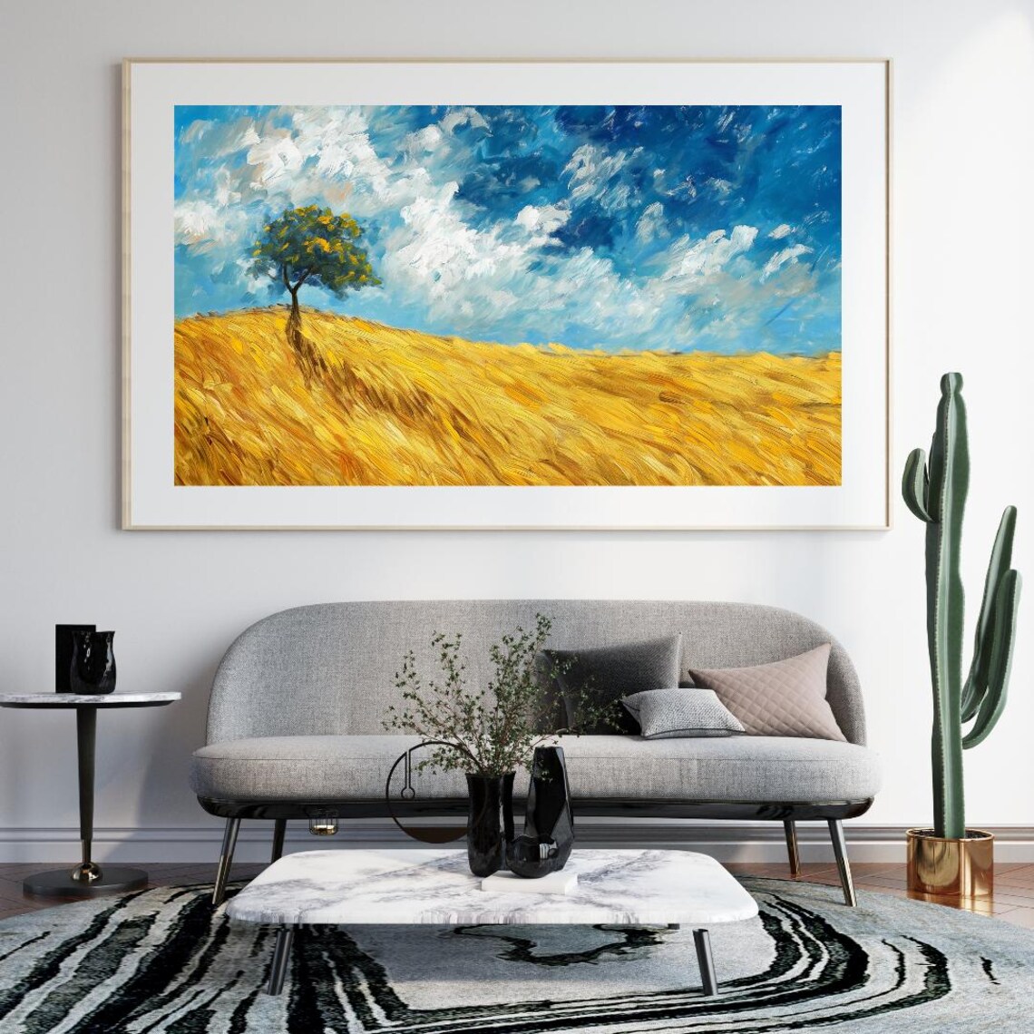 Golden Wheat Field Landscape Vibrant Tree And Sky Wall Art Impressionist Nature Scene Decor
