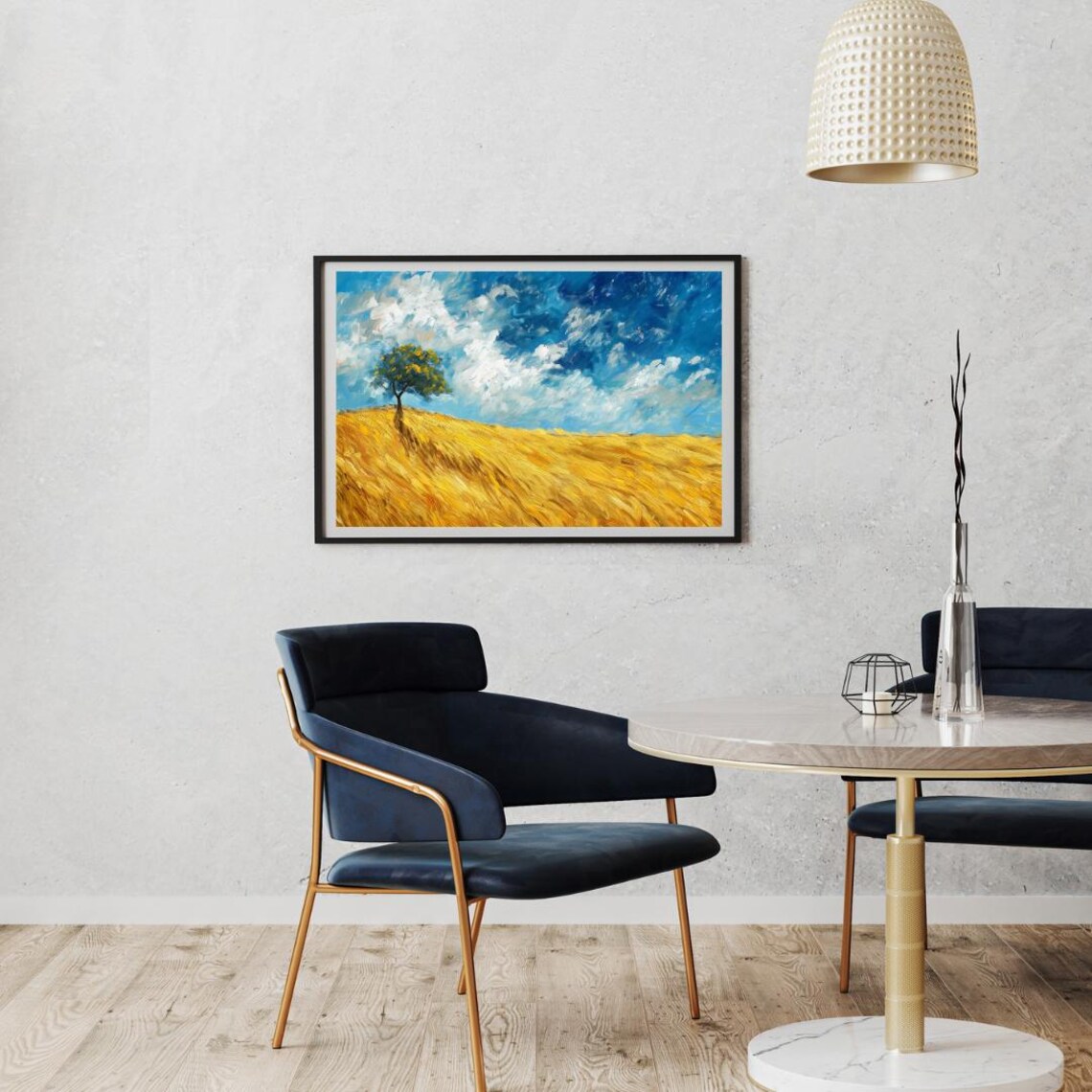Golden Wheat Field Landscape Vibrant Tree And Sky Wall Art Impressionist Nature Scene Decor - Image 2