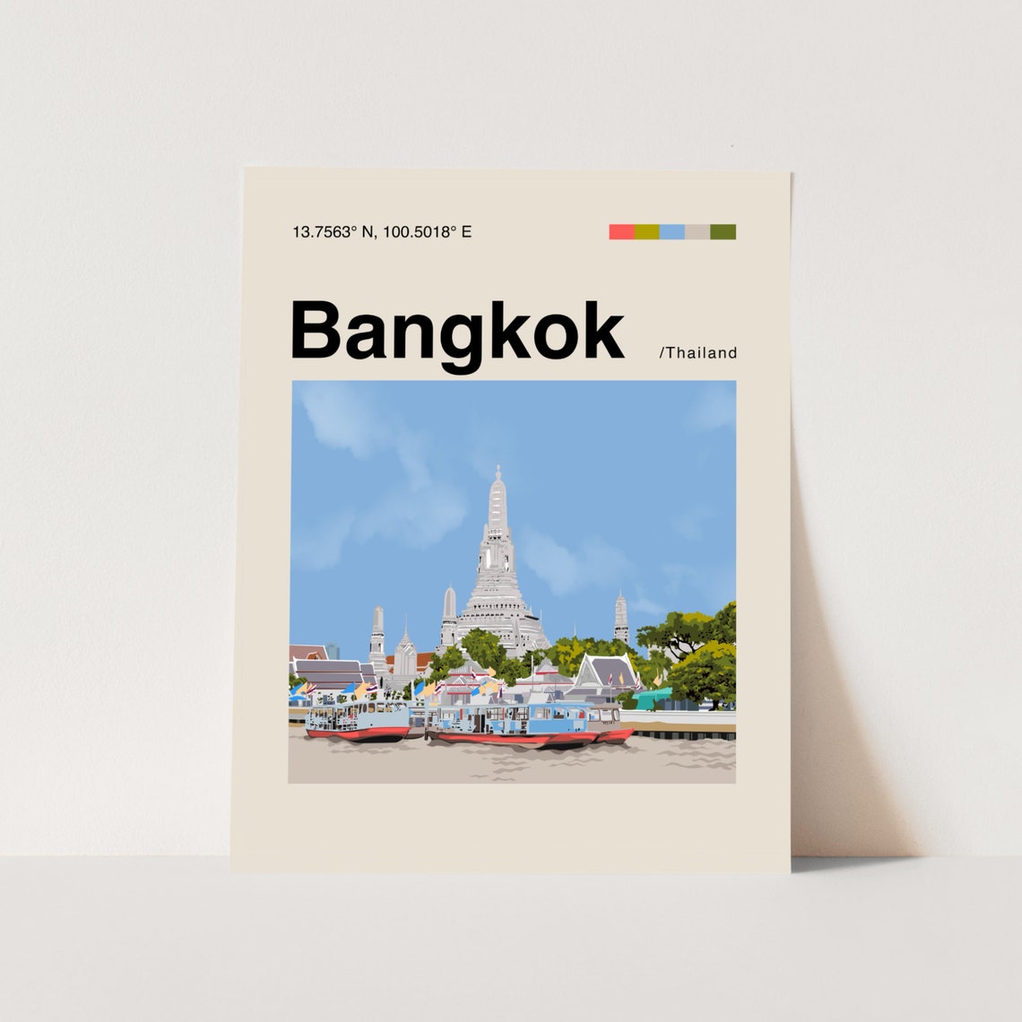 Bangkok Thailand Wat Arun Temple River Minimalist Travel Poster