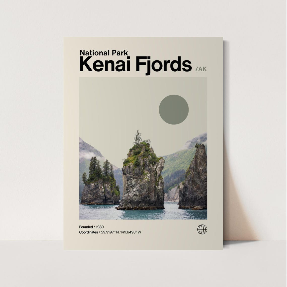 Kenai Fjords Poster Minimalist Helvetica Mid Century Modern Kenai Fjords Travel Print Kenai Fjords Wall Art Kenai Fjords Alaska Print
