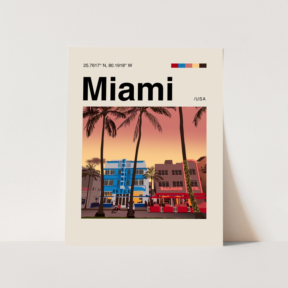 Miami South Beach Art Deco Colony Hotel Sunset Illustration Poster