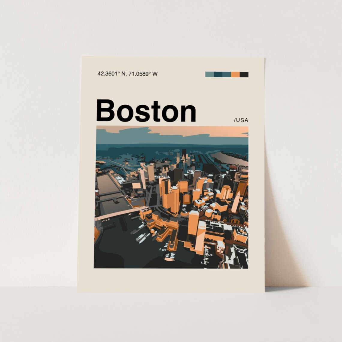 Boston Harbor Aerial View Illustrated Minimalist Travel Art Poster