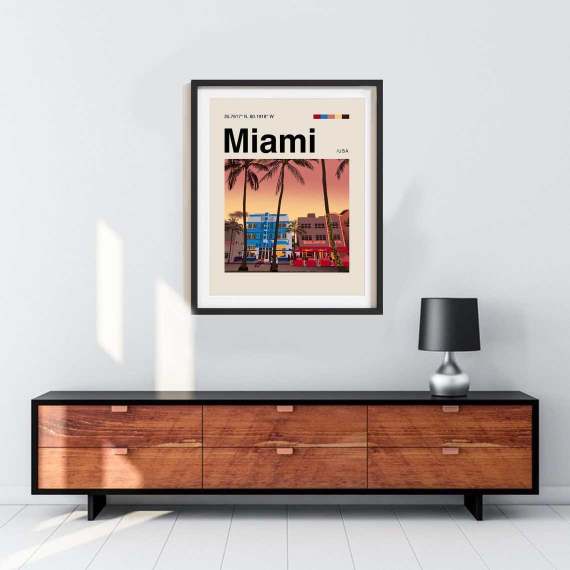 Miami South Beach Art Deco Colony Hotel Sunset Illustration Poster - Image 3