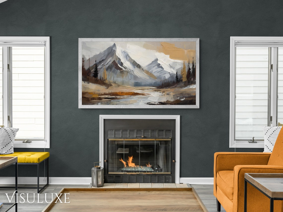Alaskan Mountains Gray Neutral Abstract Oil Painting Tv Artwork Alaskan Mountains In Abstract Neutral Alaskan Landscape Artwork Tv 169 Ar - Image 2
