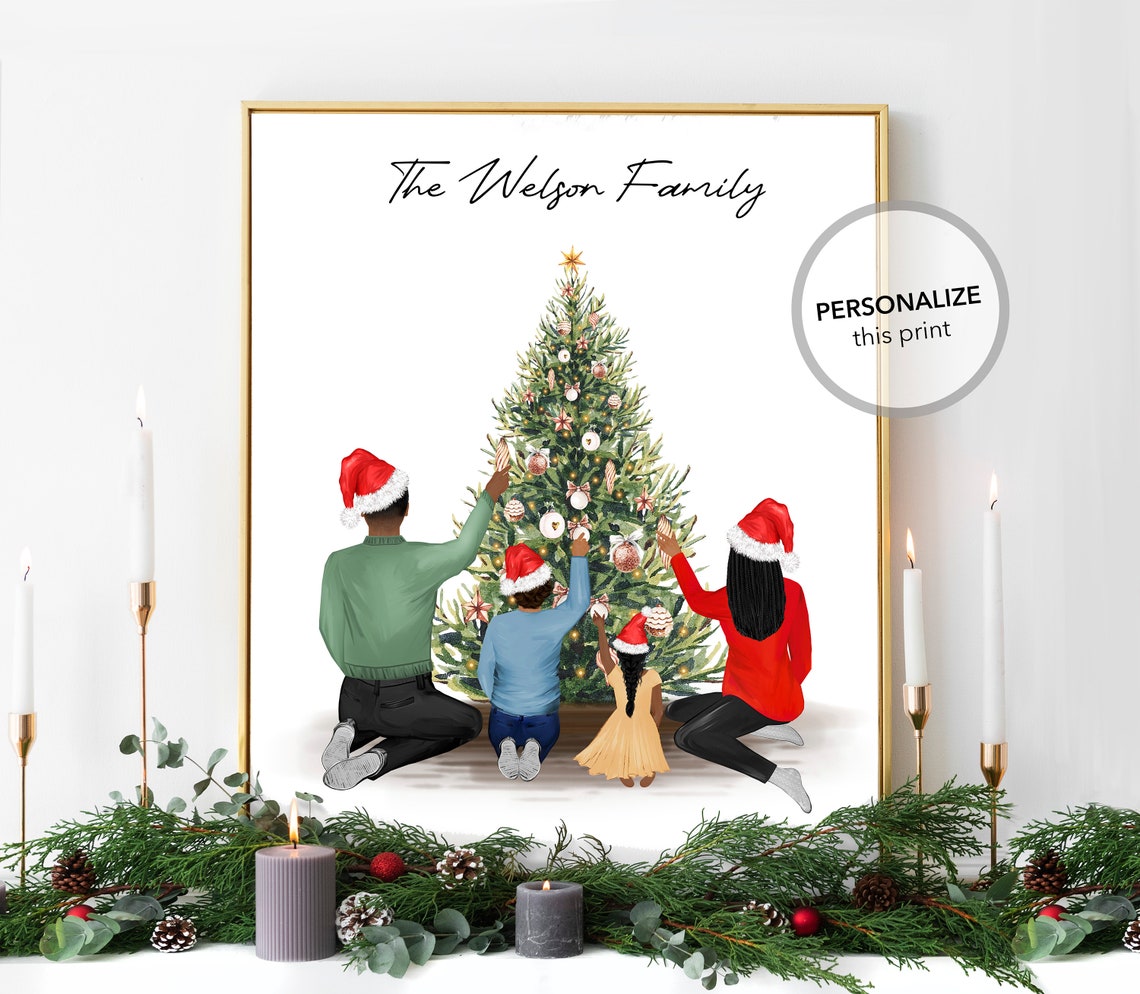Personalized Family Trimming Christmas Tree Holiday Art Poster