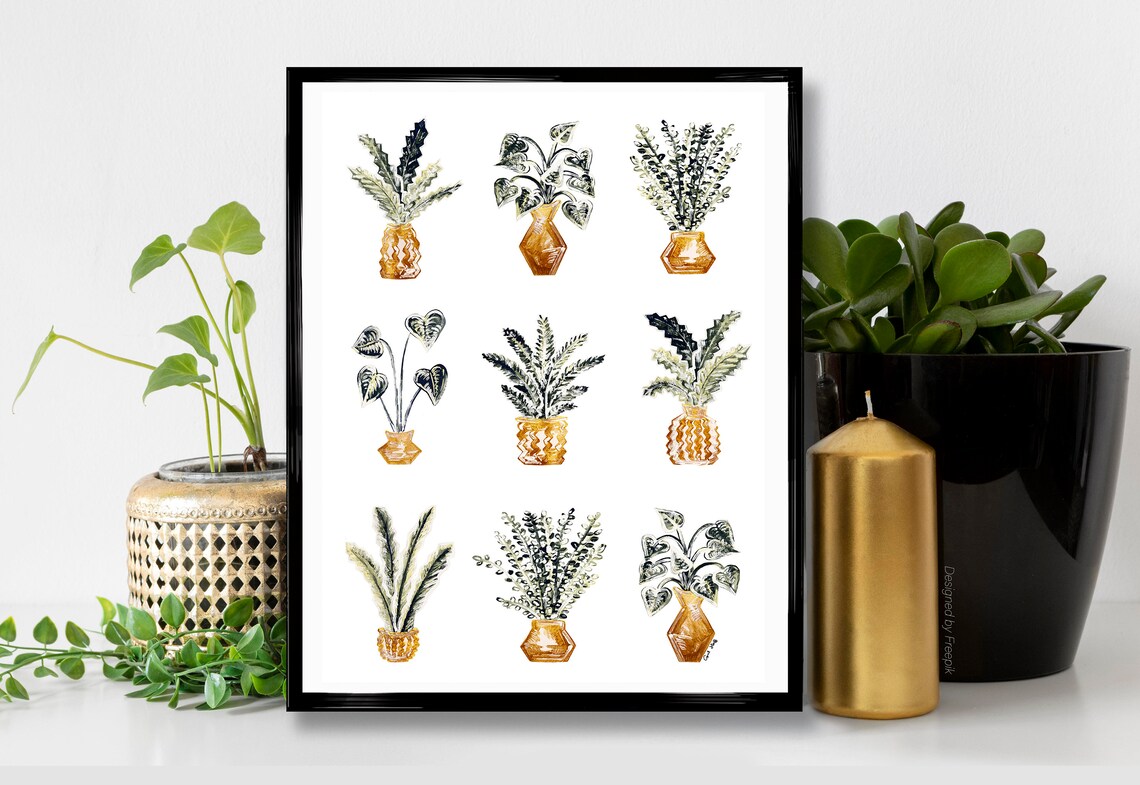 Grid of Nine Potted Houseplants Botanical Watercolor Wall Poster
