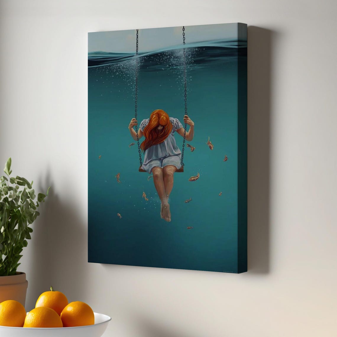 Girl Swinging Underwater Red Hair Surreal Ocean Dream Art Poster
