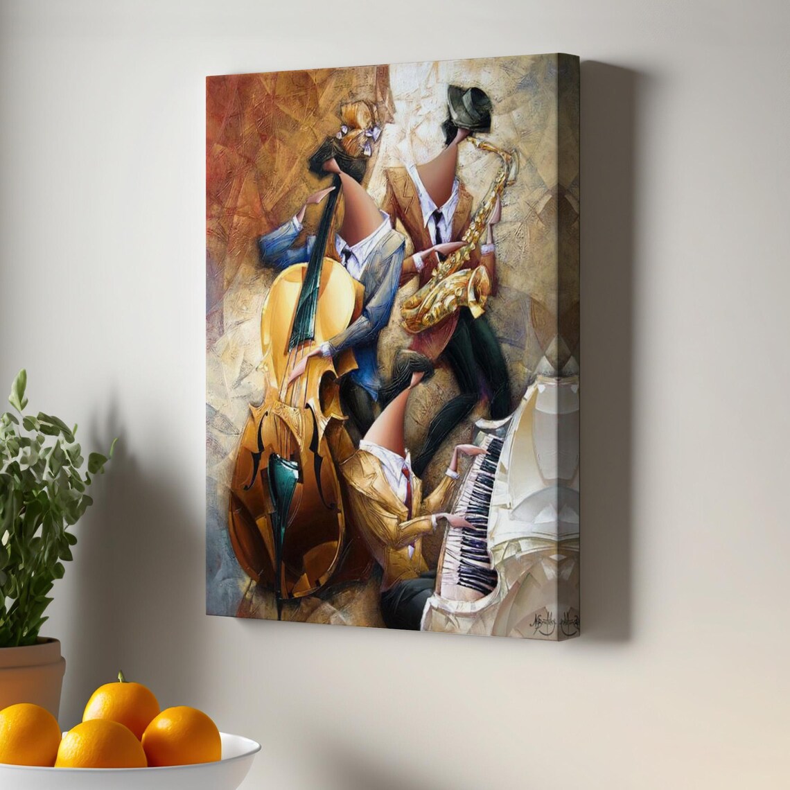 Cubist Jazz Trio Cello Saxophone Piano Abstract Musicians Canvas Poster