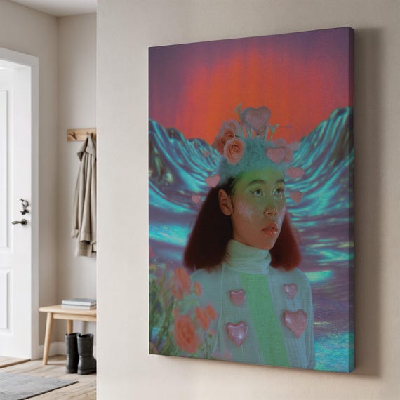 Surreal Girl Portrait Canvas Wall Art Ethereal Holographic Mountain Scene With Pink Hearts Dreamcore Framed For Teen Room