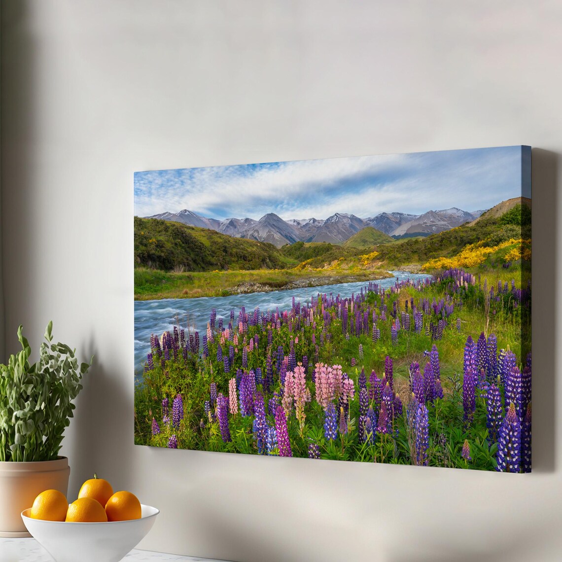 Purple Lupine Flowers River Mountain Landscape Wildflower Nature Poster
