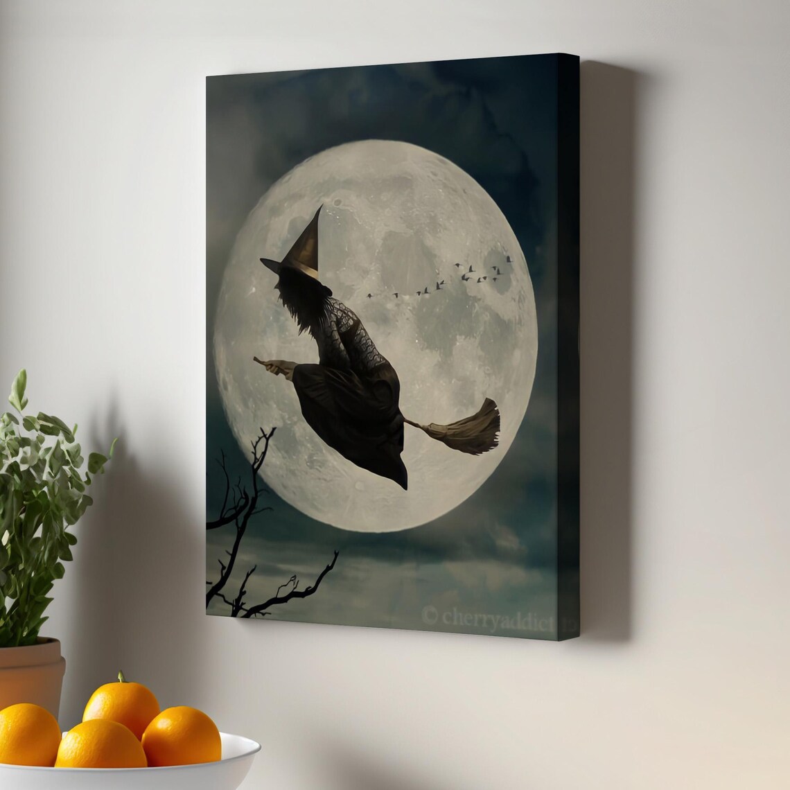 Flying Witch With A Broom Halloween Wall Art Large Canvas Print Framed