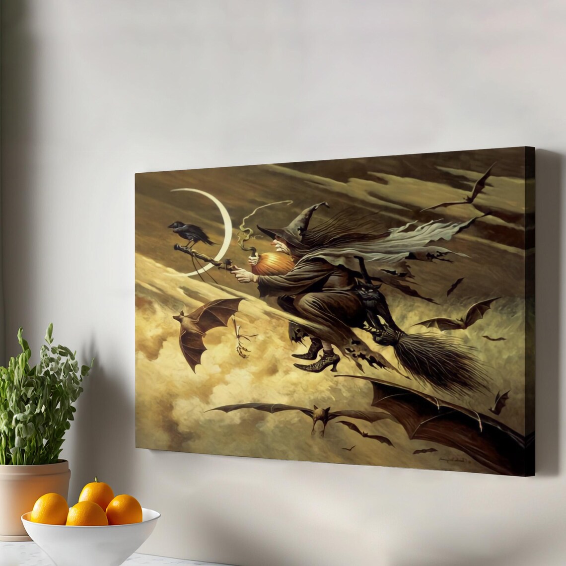 Witch Flying on a Broomstick with Her Cat, Art Print
