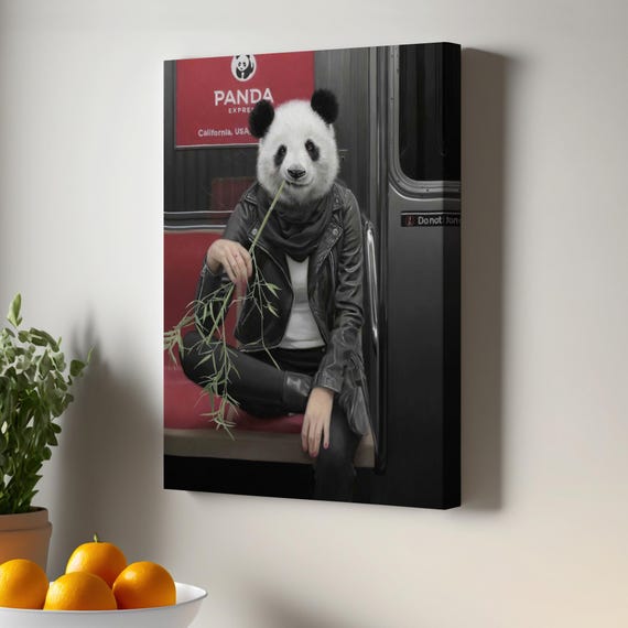 Surreal Human With Panda In The Subway Canvas Painting Housewarming Gifts Framed Wall Art Animal Decor
