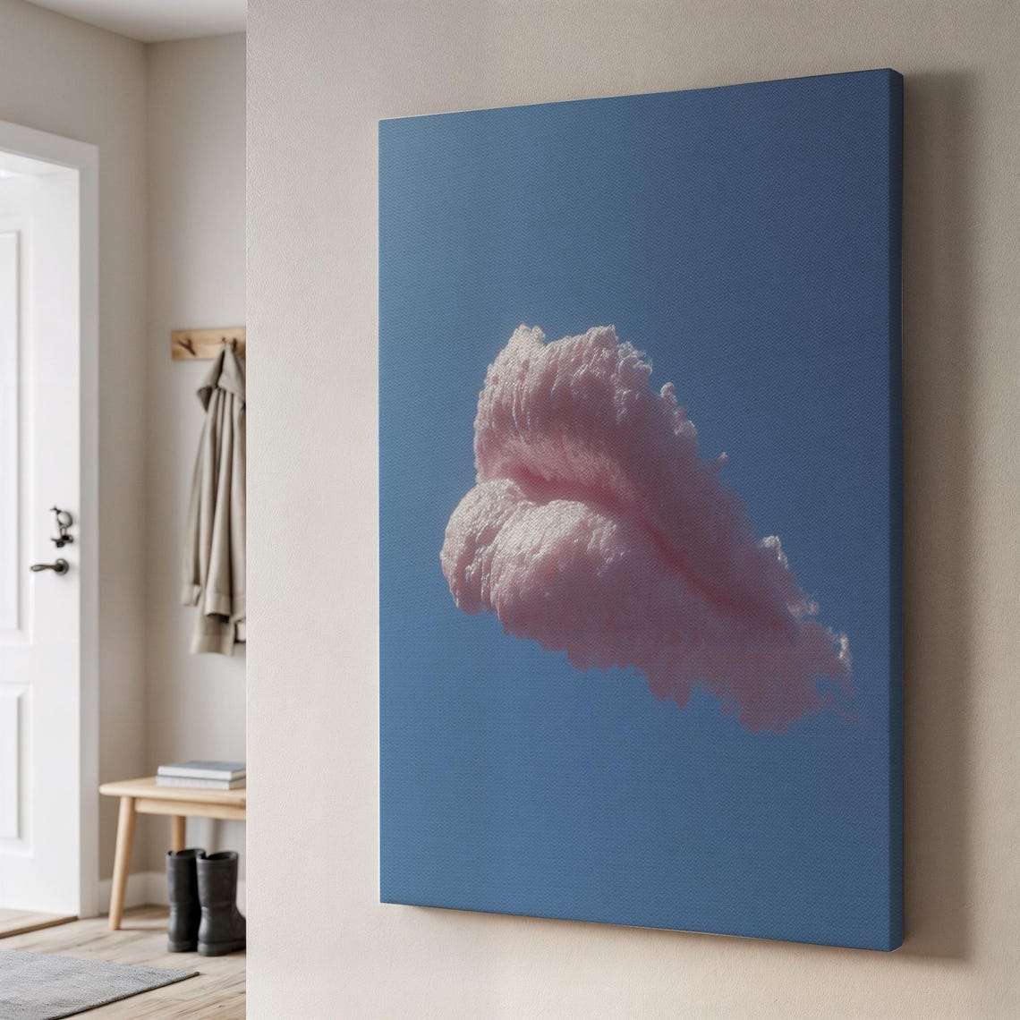 Dreamy Pink Cloud Shaped Like Lips in a Blue Sky Surreal Poster