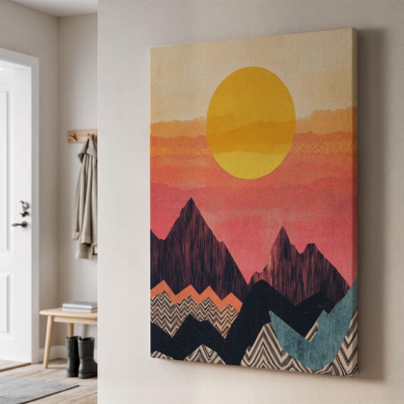 Retro Sunset Mountain Canvas Print Boho Geometric Landscape Wall Art Warm Mid Century Decor Abstract Gift For Modern Nature Lovers