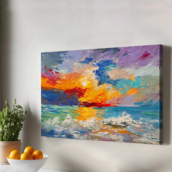Sunset At Sea Oil Painting Look Decorative Canvas Wall Art Abstract Modern Decor Framed Print