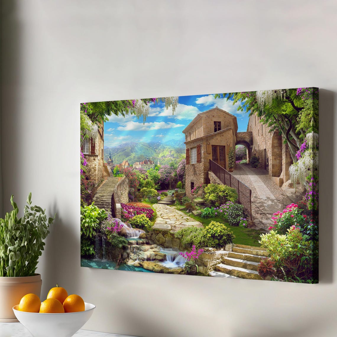 European Stone Village Garden Path Waterfall Flower Canvas Print