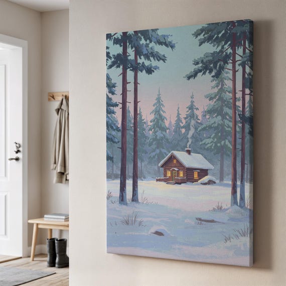 Snowy Cabin Canvas Wall Art Winter Forest Painting With Warm Lights Rustic Lodge Decor Framed Cozy Gift For Country Inspired Homes