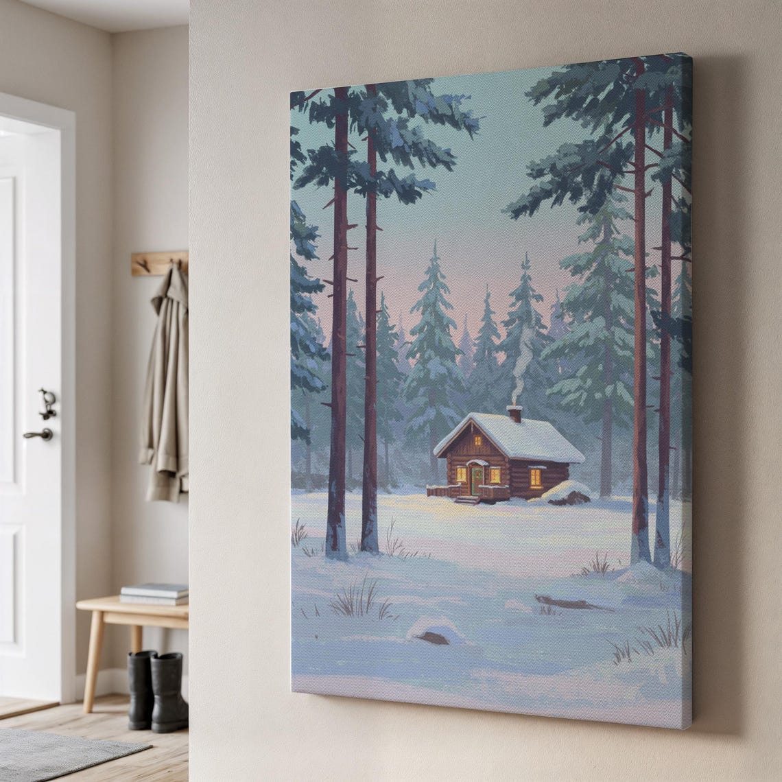 Snowy Cabin Canvas Winter Forest Warm Glowing Windows Wall Art