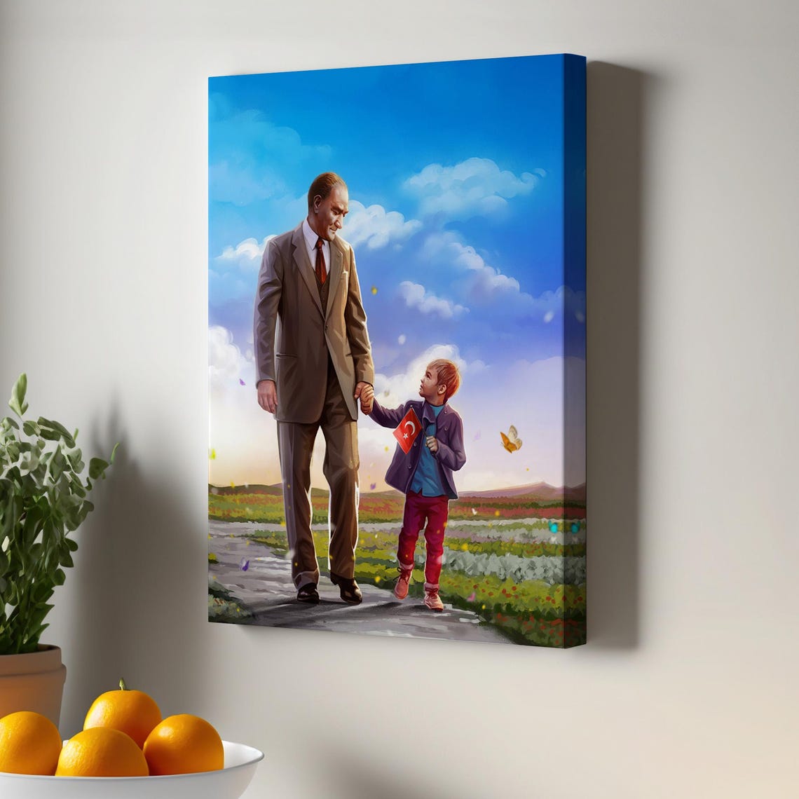 Mustafa Ataturk Holding Hands With Child Turkish Flag Portrait Poster