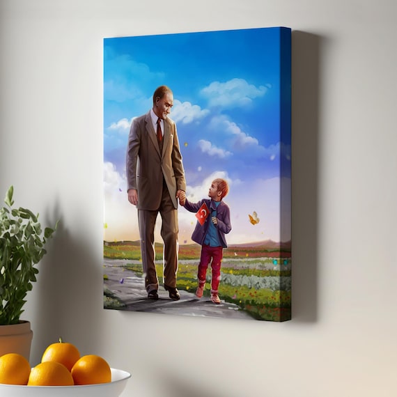 Mustafa Ataturk Holding Hands With Child Turkish Flag Portrait Poster