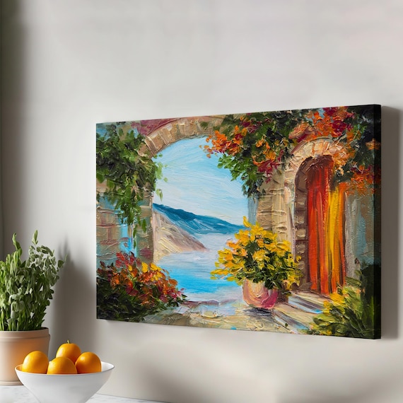 Seaside Stone Arch With Flowers Overlooking Blue Coast Canvas Print