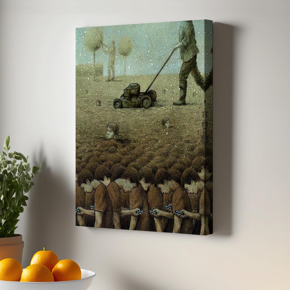 Surreal Phone Zombies Ground Burial Social Commentary Art Poster