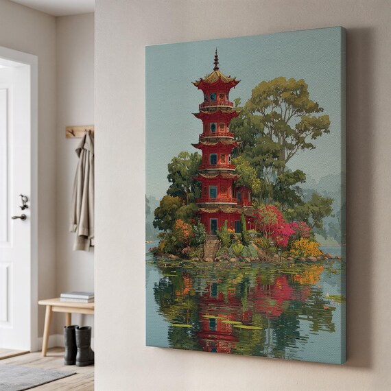 Oriental Pagoda Lake Canvas Wall Art Tranquil Asian Temple Nature Print Botanical Reflection Scene Framed Zen Landscape Gift Decor
