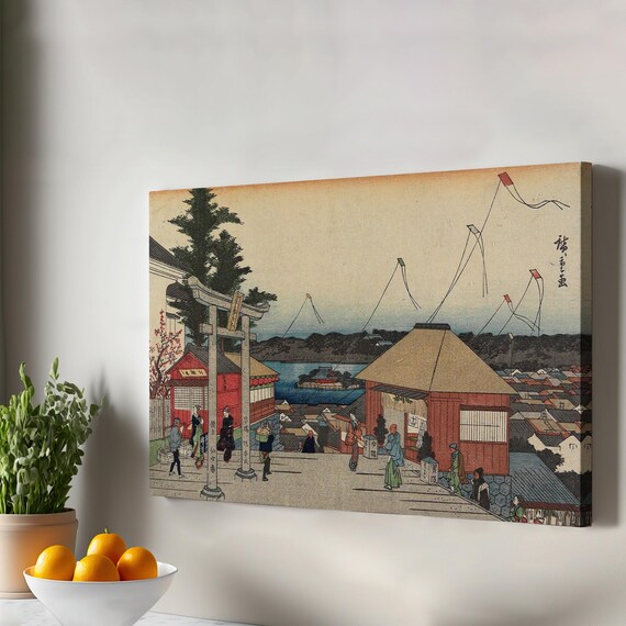 Hiroshige Japanese Ukiyo-e Torii Gate Kite Flying Vintage Canvas Print