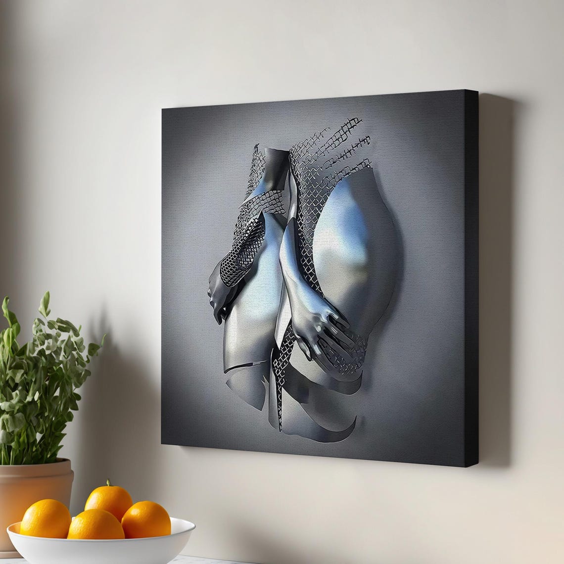 Metallic Silver 3D Effect Human Body Surreal Abstract Art Poster