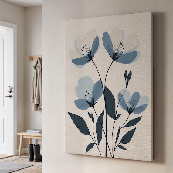 Minimalist Blue Floral Botanical Line Art Scandinavian Style Print