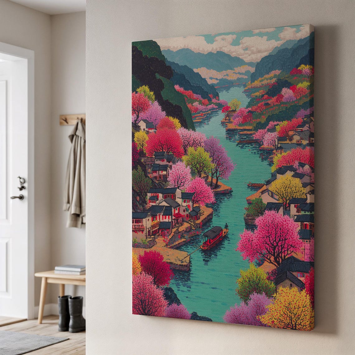 Cherry Blossom River Village Vibrant Asian Landscape Canvas Wall Art