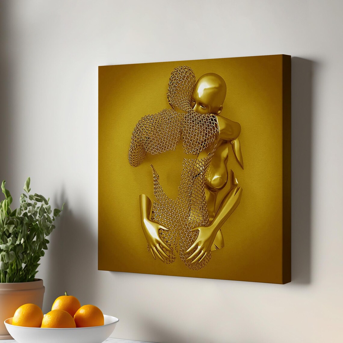 Golden Embrace Metallic Sculpture Surreal Lovers 3D Art Poster