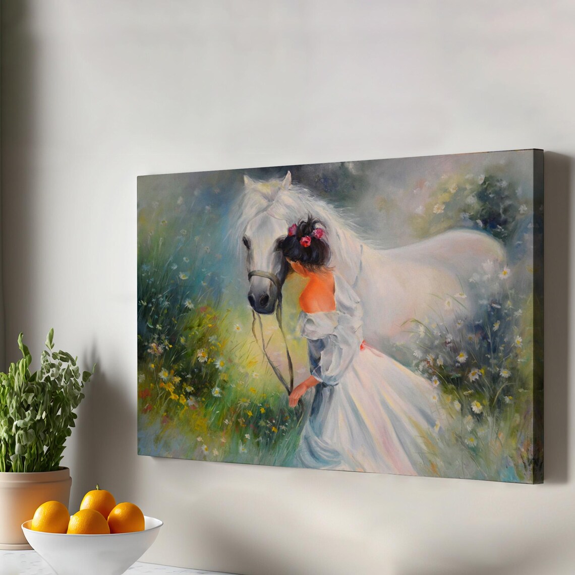 Girl With White Horse Wildflower Meadow Oil Painting Art Poster