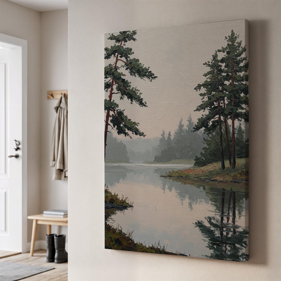 Tranquil Pine Forest Lake Misty Morning Reflection Canvas Print